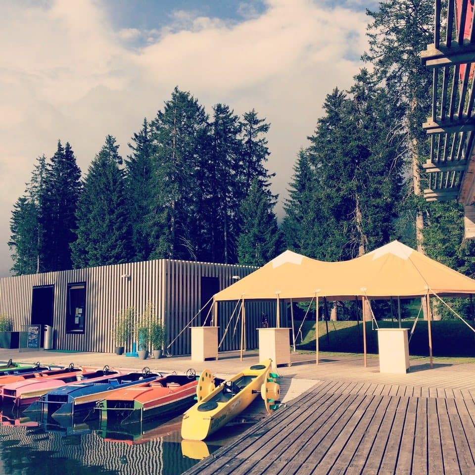 Pavilions on the wooden deck by the lake on Lenzerheide