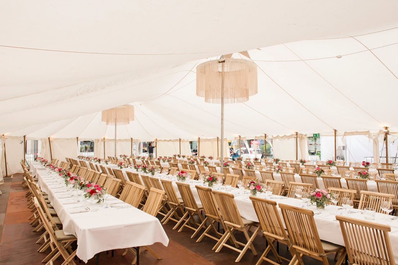Banquet with chandeliers in the tent at the Luzerner Theater anniversary